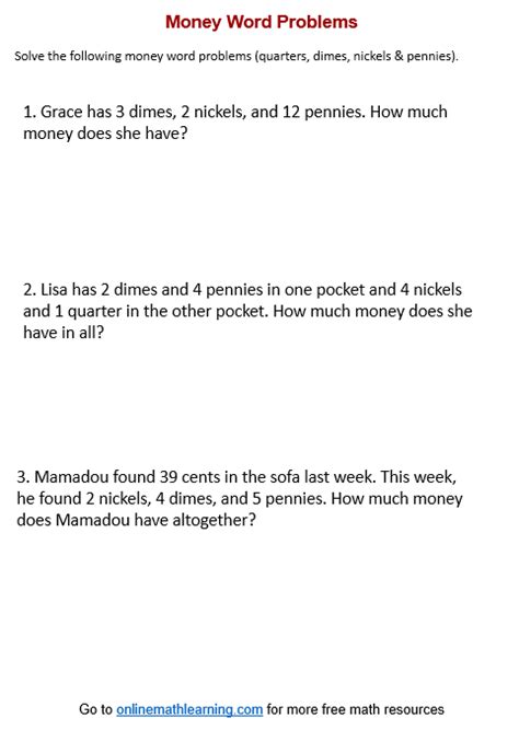 Money Word Problems Worksheets Printable Online Answers