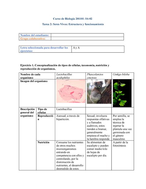 Tarea 2 Biologia Curso de Biología 201101 16 Tarea 2 Seres Vivos