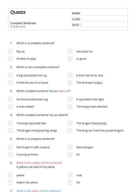 Complete Sentences Worksheets On Quizizz Free Printable