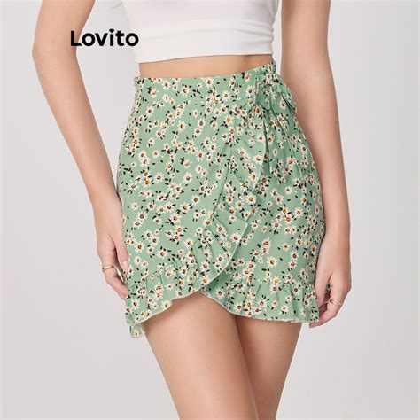 Lovito Elegant Floral Tie Front Lettuce Trim Asymmetrical Skirts For