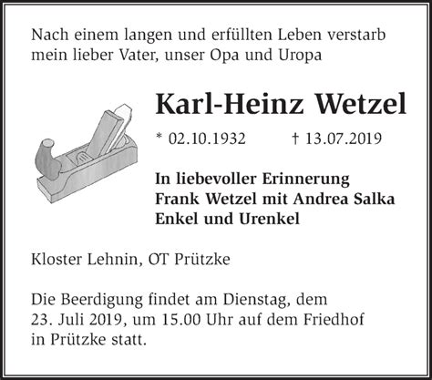 Traueranzeigen von Karl Heinz Wetzel Märkische Onlinezeitung Trauerportal