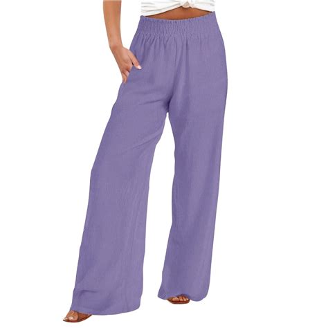 Ryrjj Women Cotton Linen Palazzo Pants Summer Boho Wide Leg Slacks Pants Elastic High Waist