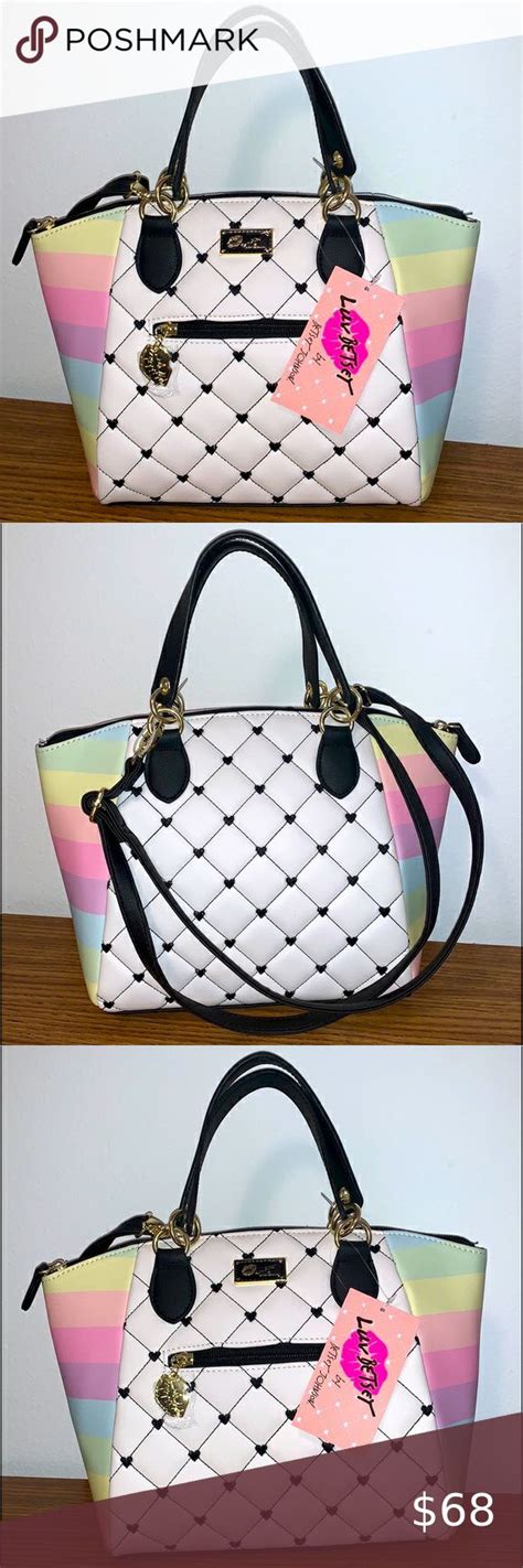 Betsey Johnson Quilted Hearts Rainbow Strip Satchel Purse Satchel