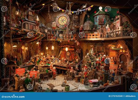 Santa S Workshop, with Elves and Toys in View Stock Illustration ...