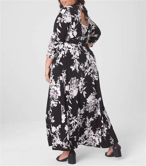 Lane Bryant Black Floral 3 4 Sleeve Tie Neck Open Back Midi Dress Sz 22