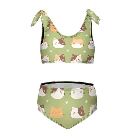 Cartoon Cute Kitten Girl S Piece Bikini Set Beach Sport Swimsuit