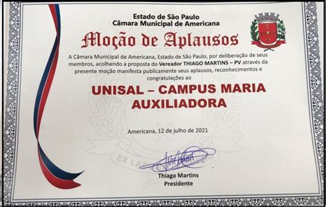 UNISAL recebe Moção de Aplausos da Câmara Municipal de Americana PÓS