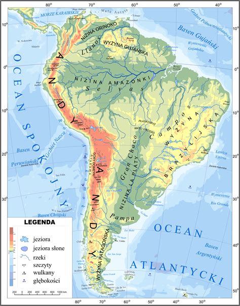 Mapa Ameryki Południowej Ameryka Południowa mapa fizyczna topograficzna