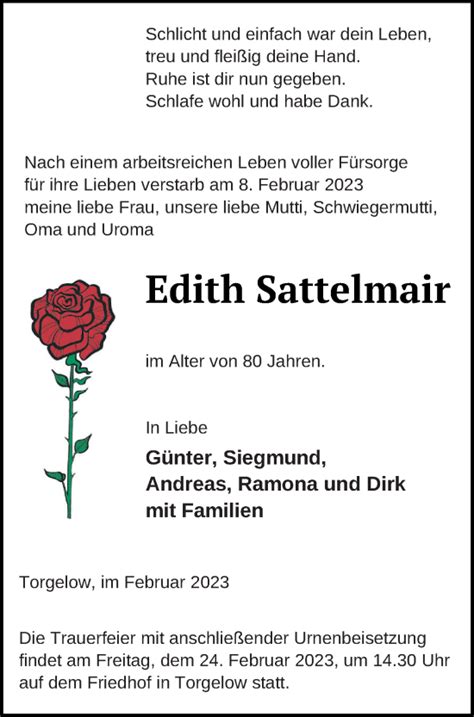 Traueranzeigen Von Edith Sattelmair Trauer Nordkurier