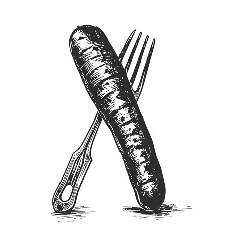 Premium Vector Grilled Sausage On Fork In Black And White A Handdrawn