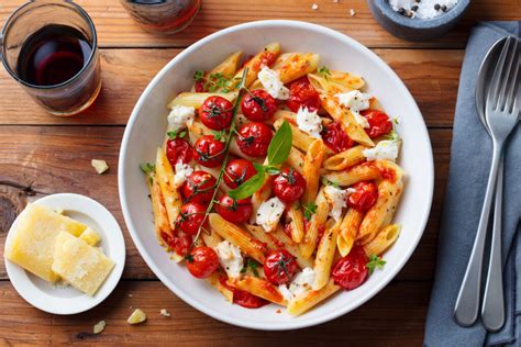 Garlic Olive Oil Rigatoni With Roasted Cherry Tomatoes And Burrata