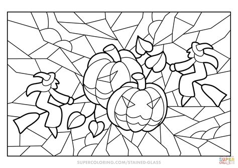 Halloween Witches And Pumpkins Stained Glass Coloring Page Free