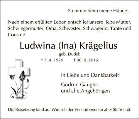 Traueranzeigen von Ludwina Krägelius Trauer HNA de