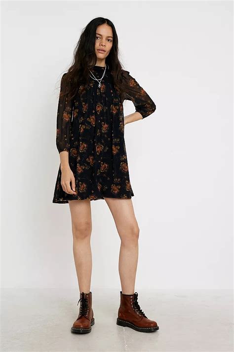 Uo Floral Mesh Smock Mini Dress Urban Outfitters Uk