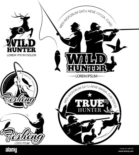 Vintage Hunting And Fishing Vector Labels Logos And Emblems Set Deer