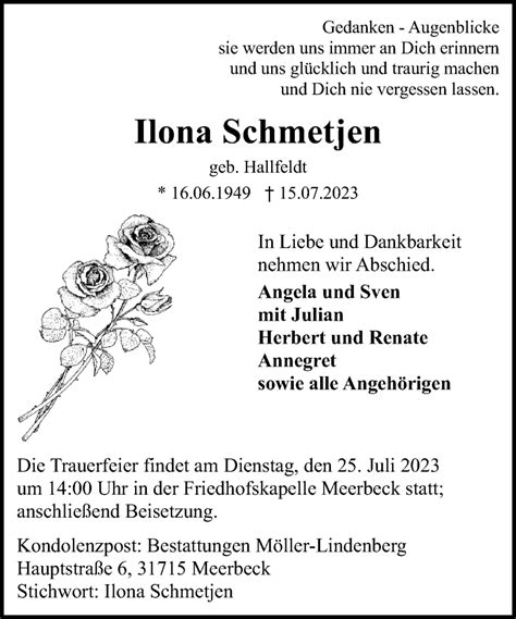 Traueranzeigen Von Ilona Schmetjen Trauer Anzeigen De