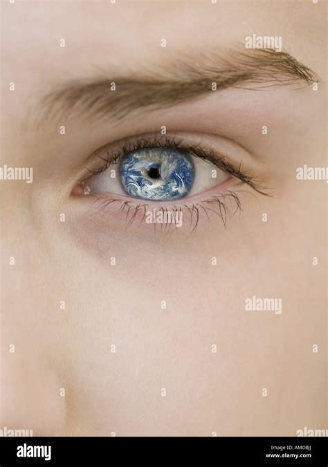 close   womans eye  earth reflection stock photo alamy
