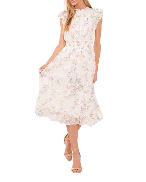 Cece Floral Clip Dot Smocked Ruffle Midi Dress Lyst