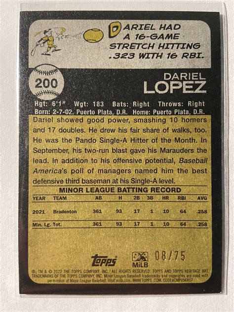 2022 Topps Heritage Minor League Green Border 200 Dariel Lopez D 8