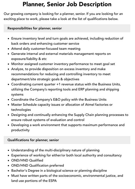 Planner Senior Job Description Velvet Jobs