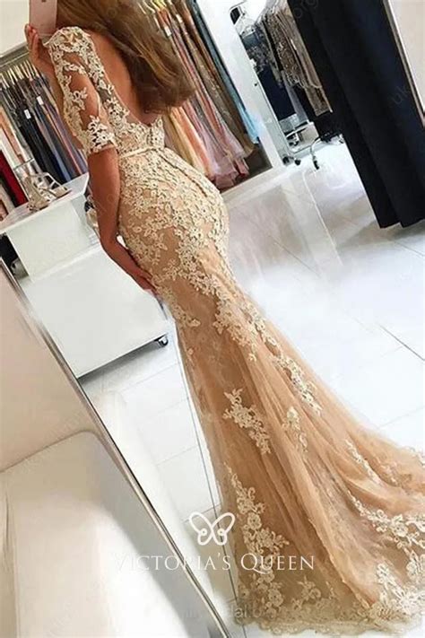 Lace Appliqued Champagne Tulle Half Sleeve Prom Dress Vq