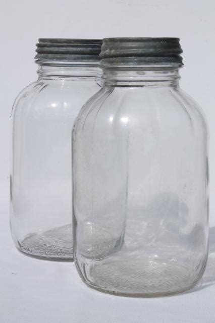 Antique Vintage Glass Jar Lot W Old Zinc Lids Large Food Bottles