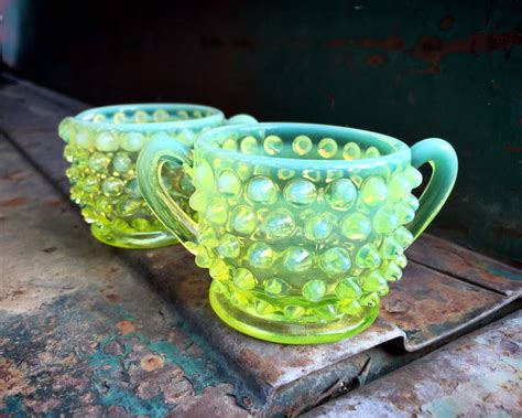 Fenton Topaz Yellow Vaseline Opalescent Hobnail Glass Small Cream And Sugar Bowl Set Uranium Glass