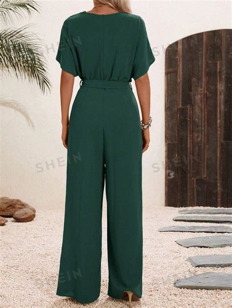 Shein Clasi Solid Surplice Neck Belted Jumpsuit Shein Usa