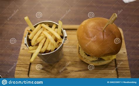 Beef Brisket Burger And Straight Cut Fried Potato Stick French Fries