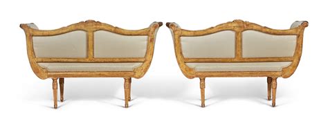 A Pair Of Louis Xvi Small Giltwood Canapés By Sené Circa 1780