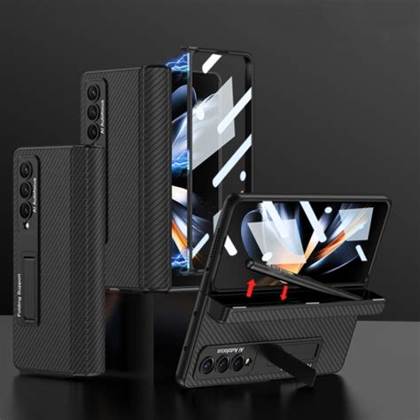 For Samsung Galaxy Z Fold4 Gkk Integrated Fold Hinge Leather Phone Case With Holdercarbon Fibre