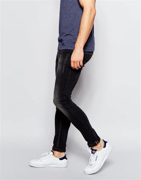 Asos Extreme Super Skinny Jeans With Contrast Stitch And Abrasions In Black For Men Washedblack