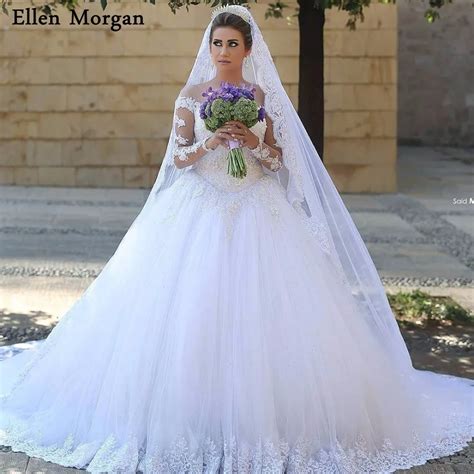 Saudi Arabia Long Sleeves Wedding Dresses With Beaded Lace Tulle Zipper