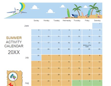 Summer Activity Calendar Template Freetemplatespro