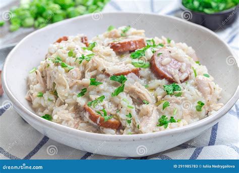 South Carolina Chicken Bog Dish With Smocked Sausages In Bowl