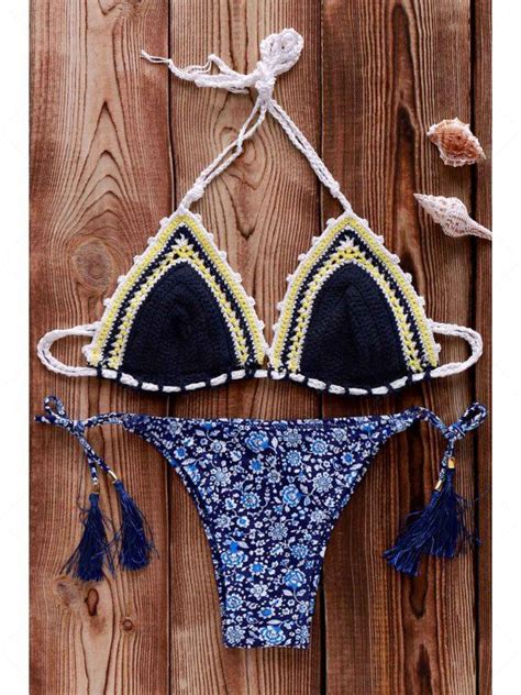 Off Tiny Flower Print Crocheted Bikini Set In Purplish Blue