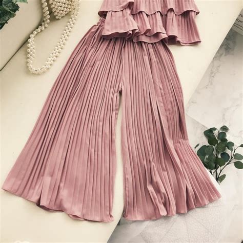 2019 Women Spaghetti Strap Top Wide Leg Pants Suit Pleated 2 Piece Set