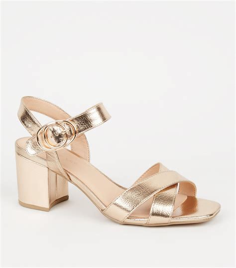 New Look Leather Wide Fit Rose Gold Block Heel Sandals Lyst