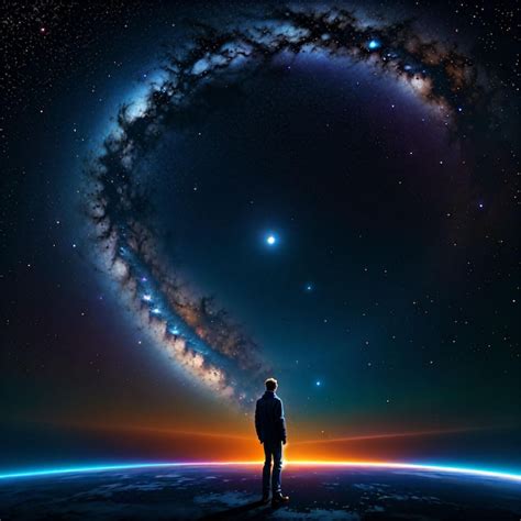 Um homem está em um planeta olhando para o universo. | imagem Premium