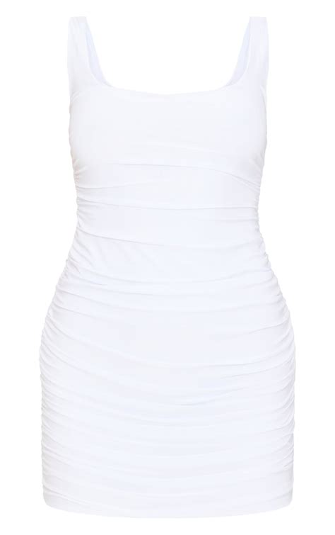 White Slinky Ruched Sleeveless Bodycon Dress Dresses Prettylittlething Usa