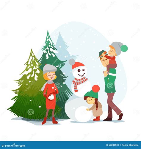 Cute Cartoon Family Enjoying Winter Vacation In Winter Forest. Stock ...