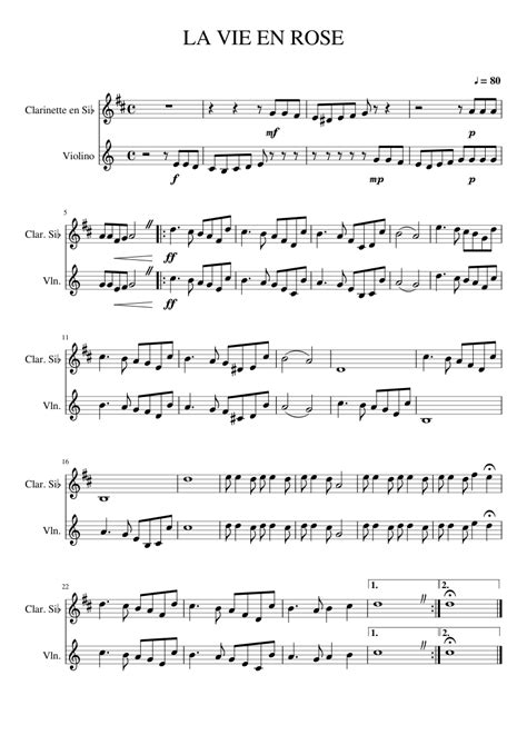 La Vie En Rose Sheet Music For Clarinet In B Flat Violin Mixed Duet