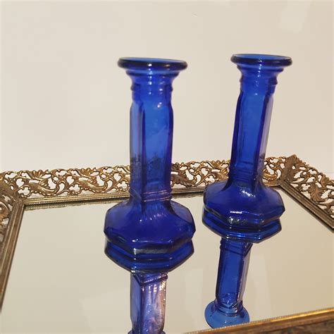 Cobalt Blue Glass Candle Holders, Blue Decor, Glass Taper Candlesticks, Housewarming Gift Idea