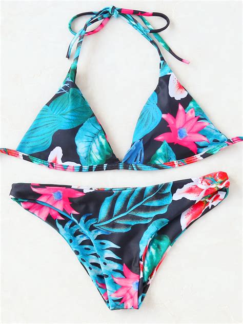 Tropical Print Halter Bikini Set Shein Sheinside