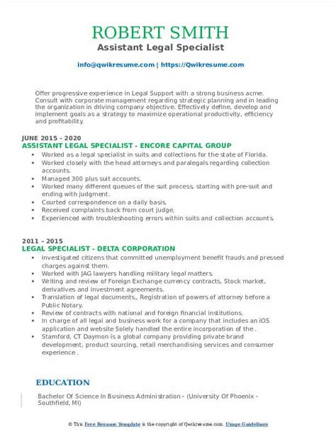 Legal Specialist Resume Samples Qwikresume