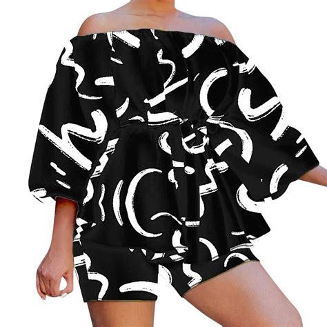 Uuszgmr Womens Summer Suit Sexy Plus Size Baggy Waist Print One Word Shoulder Blouse Shorts Two