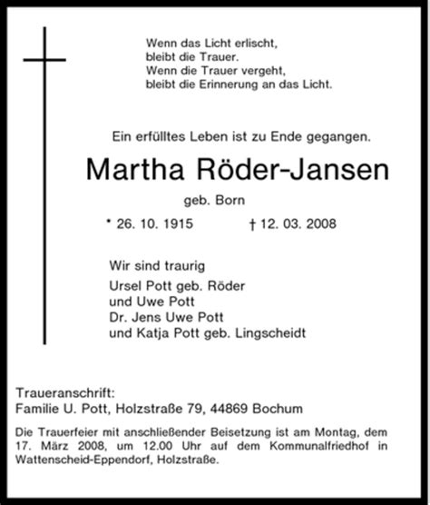 Traueranzeigen von Martha Röder Jansen Trauer in NRW de