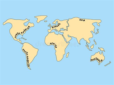 Carte Simplifi E Du Monde Divis E Six Continents Terres Jaunes Et Eau