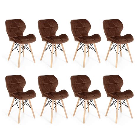 Kit 8 Cadeiras Charles Eames Eiffel Slim Veludo Estofada Marrom Leroy