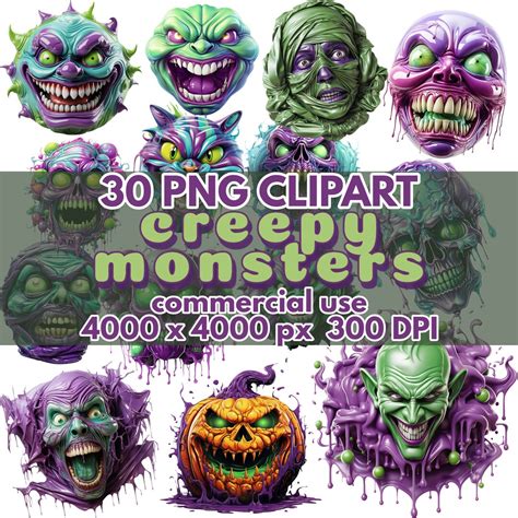 Halloween Creepy Monsters Clipart PNG Bundle Digital Download - Etsy